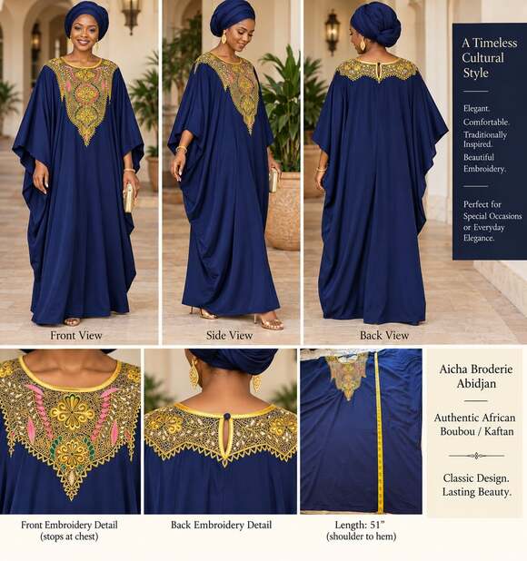 Aicha Broderie Abidjan Dresses & Skirts - Aicha Broderie Abidjan African Boubou Kaftan Navy Gold Embroidered Maxi Dress